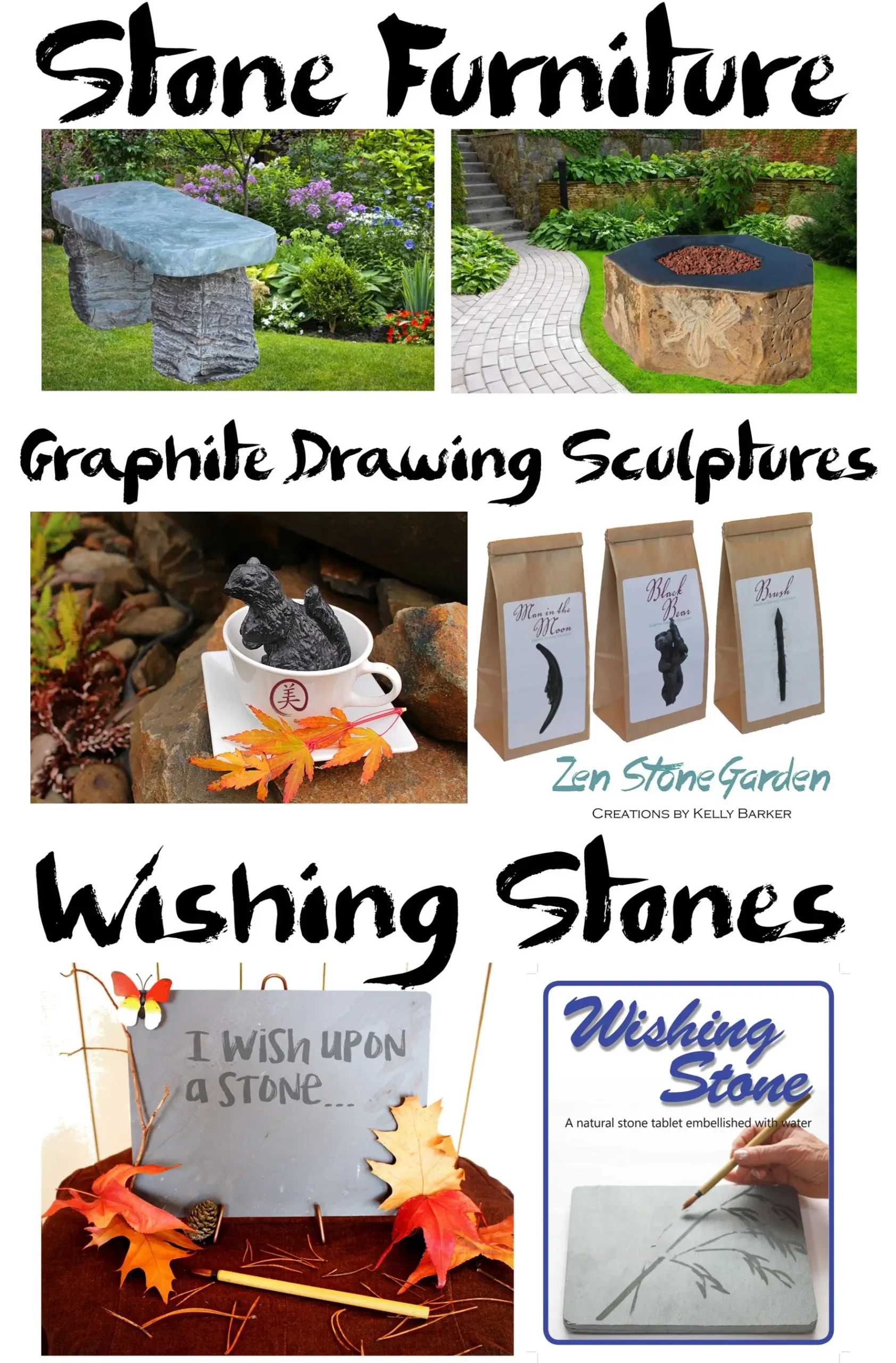 A collage of pictures with words that describe the various stone sculptures.